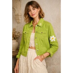 Lighthouse Apparel Womens Size S Green Daisy Floral Applique Cotton Denim Jacket
